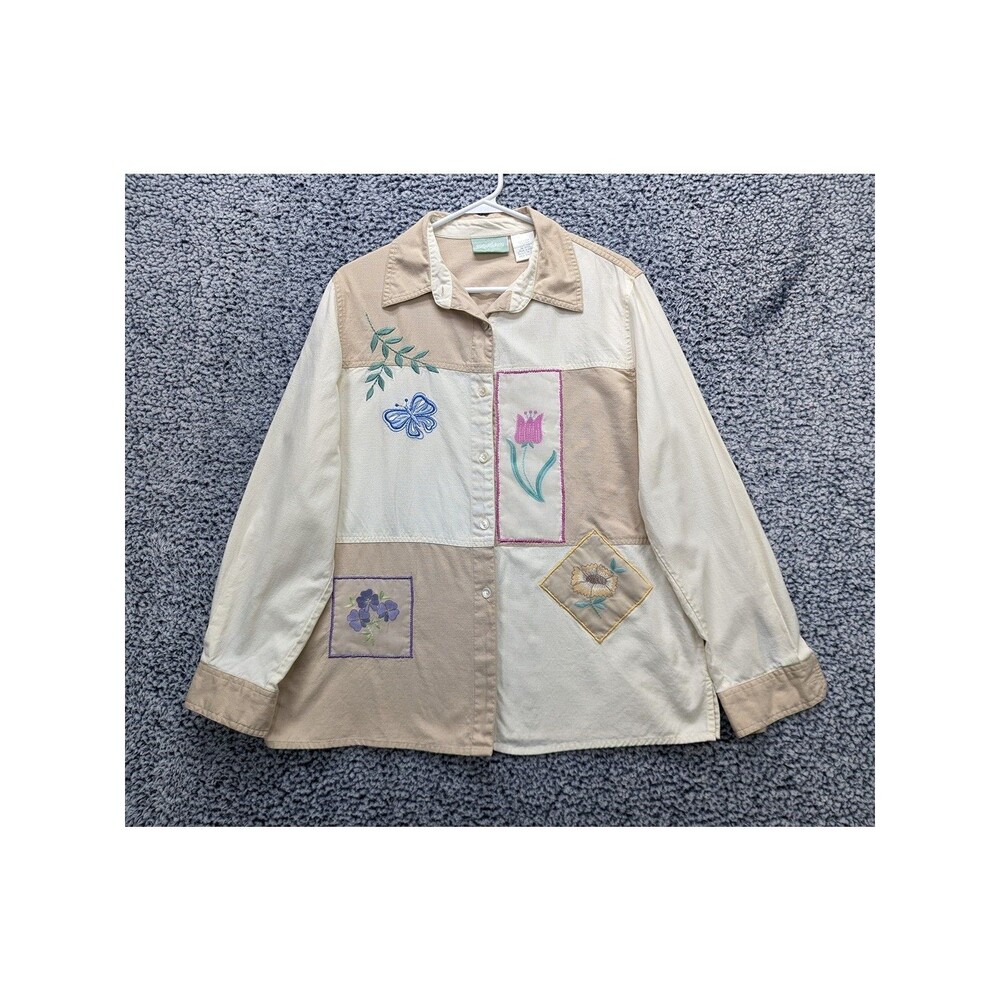 VTG Linen Blend Patchwork Bohemian Shirt Size M Cottage Garden Butterfly Beige